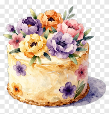 Watercolor Cake Decorated With Flowers PNG