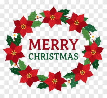 Christmas Wreath With Poinsettias And Merry Christmas Text PNG