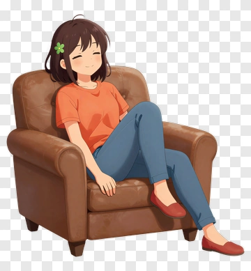 Happy Girl Sitting On A Brown Armchair PNG