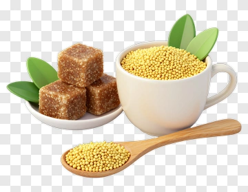 Cup Of Mustard Seeds With Brown Sugar Cubes PNG