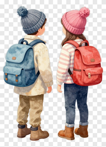 Children With Backpacks In Winter Clothing PNG