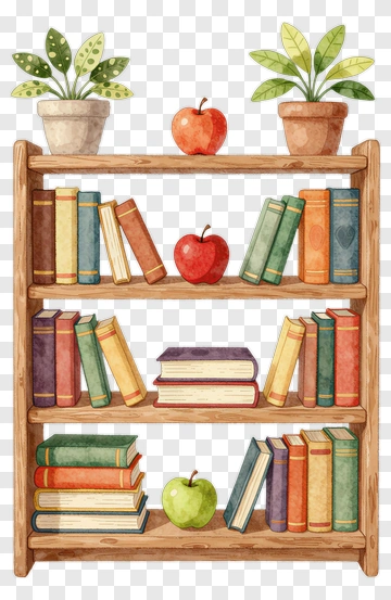 Wooden Bookshelf With Colorful Books And Plants PNG