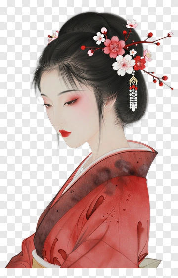 Beautiful Woman In Traditional Japanese Kimono PNG