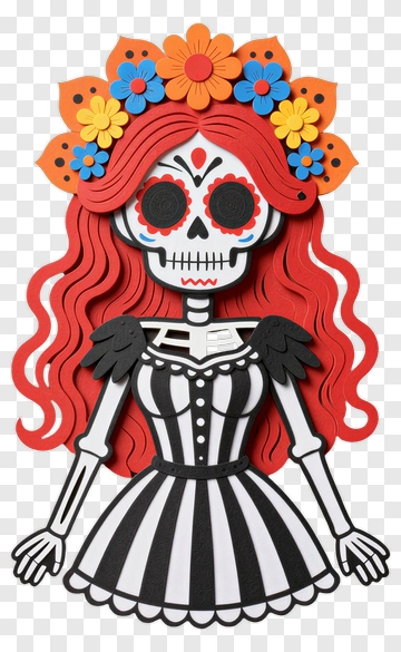 Colorful Sugar Skull Figurine With Flowers PNG