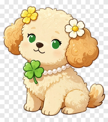 Cartoon Dog With Flowers And Clover PNG
