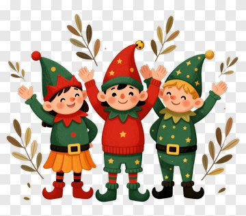 Cartoon Elves Celebrating With Hands Raised PNG