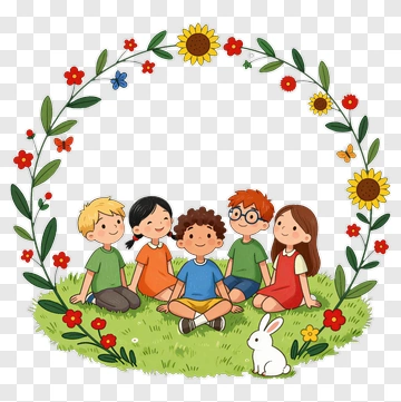 Happy Children Sitting Together In A Floral Circle PNG