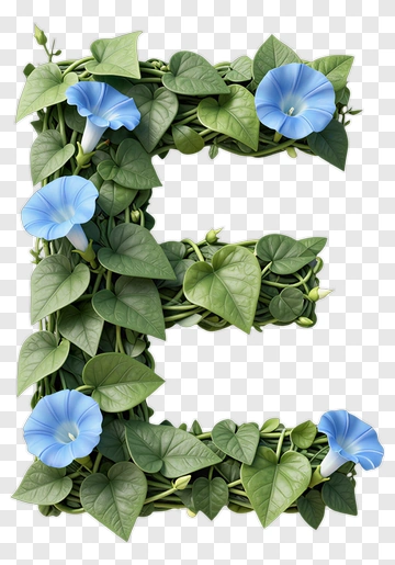 Floral Letter E With Blue Flowers And Green Leaves PNG