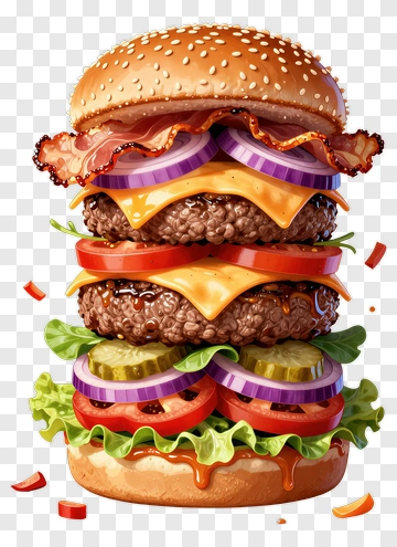 Delicious Cheeseburger With Layers Of Meat And Vegetables PNG