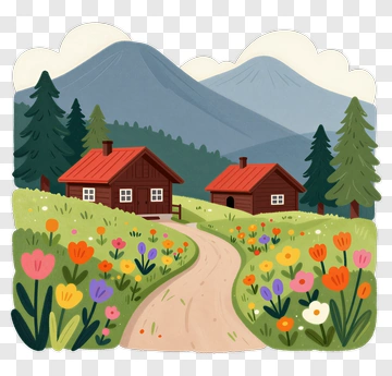 Colorful Flowering Meadow With Cabins And Mountains PNG