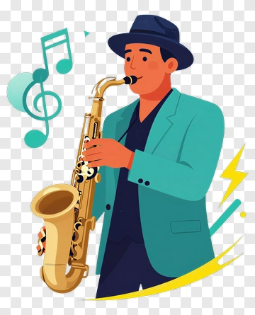 Musician Playing Saxophone With Musical Notes PNG