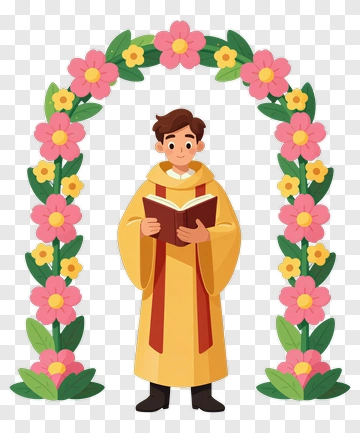 Cartoon Priest Holding A Book Under A Floral Arch PNG