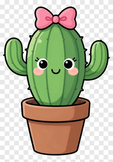 Cartoon Cactus In A Pot With A Bow PNG