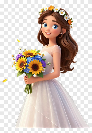 Cartoon Bride Holding A Bouquet Of Flowers PNG
