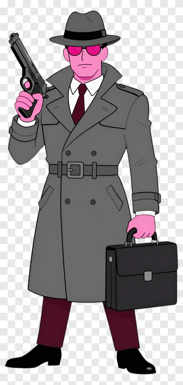 Cartoon Detective Holding A Gun And Briefcase PNG