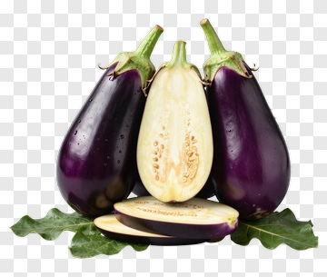 Fresh Eggplants On Green Leaves PNG