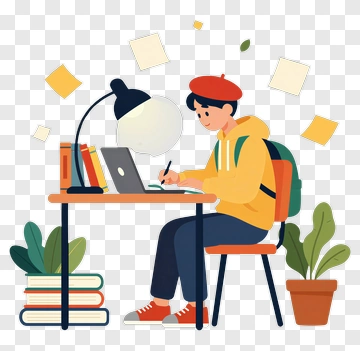 Student Writing At A Desk With Laptop And Books PNG