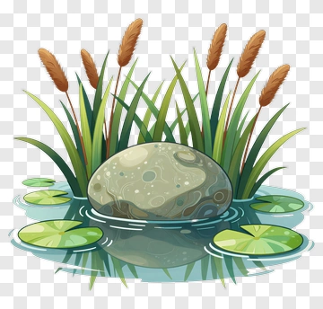 Illustration Of A Rock Surrounded By Water Lilies And Grass PNG