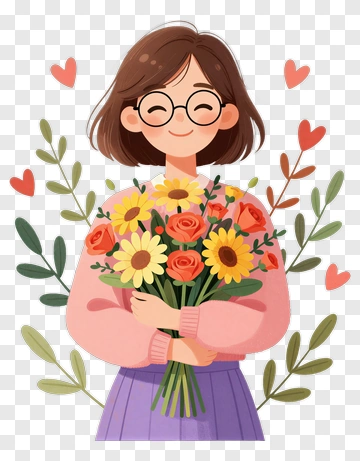 Cartoon Girl Holding A Bouquet Of Flowers PNG