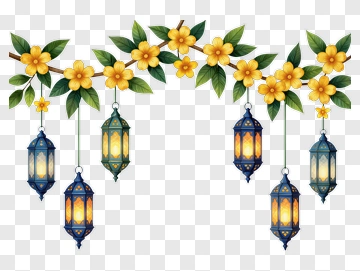 Decorative Lanterns And Flowers PNG