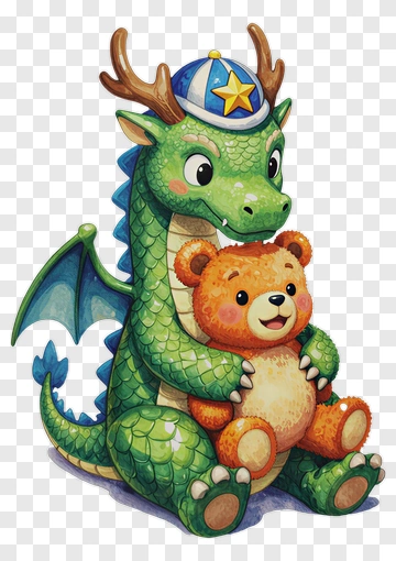 Cartoon Dragon Holding A Teddy Bear PNG