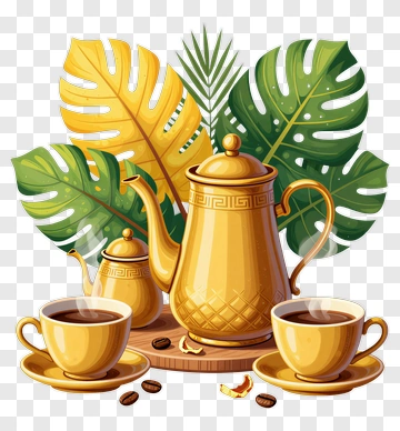 Teapot And Cups With Tropical Leaves PNG