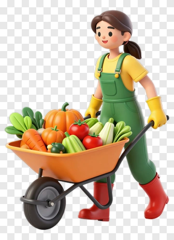 3D Farmer Pushing A Wheelbarrow Full Of Vegetables PNG