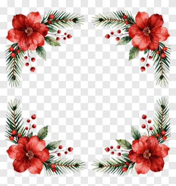 Floral Frame With Red Flowers And Green Leaves PNG