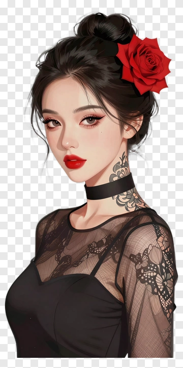Woman With Black Lace Top And Red Rose PNG