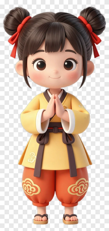 Cartoon Girl In Traditional Outfit With Hands Together PNG