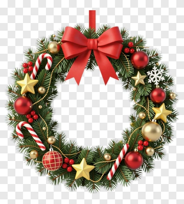 Christmas Wreath With Red Bow And Ornaments PNG