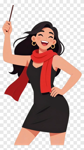 Happy Woman In Black Dress Holding A Wand PNG