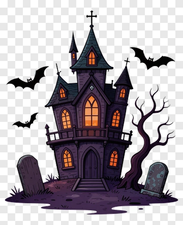 Cartoon Haunted House With Bats And Tombstones PNG