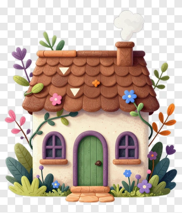Colorful Cartoon House Surrounded By Flowers PNG