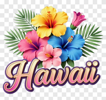 Colorful Hibiscus Flowers With Hawaii Text PNG