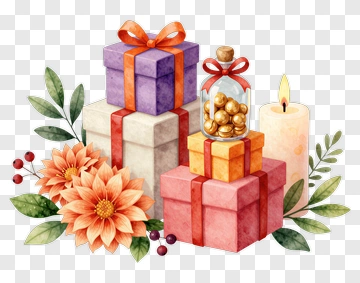 Colorful Gift Boxes With Flowers And Candle PNG
