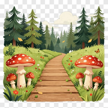 Forest Path With Colorful Mushrooms PNG