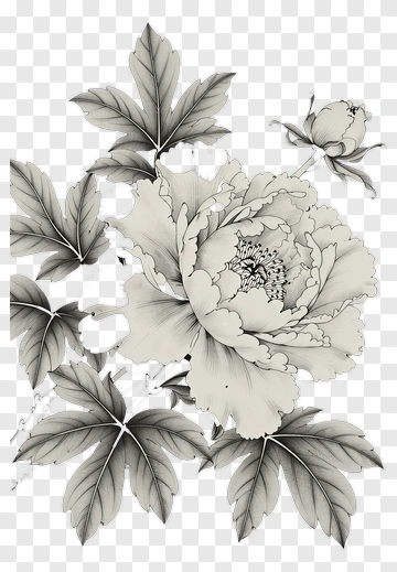 Black And White Peony Flower Illustration PNG