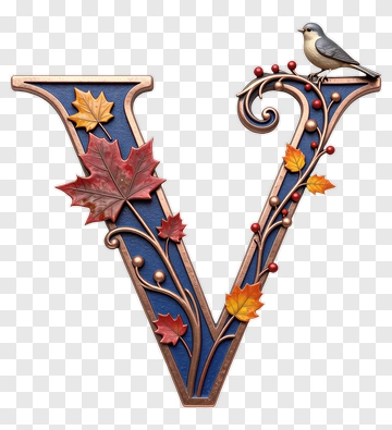 Decorative Letter V With Autumn Leaves And Bird PNG