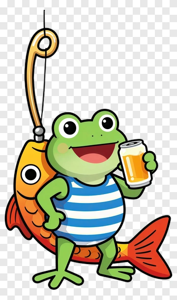 Cartoon Frog Holding A Beer On A Fish Hook PNG