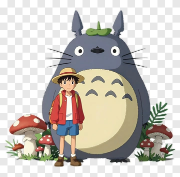 Child Standing Next To Totoro And Mushrooms PNG