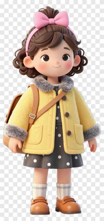 Cartoon Girl In Yellow Coat With Backpack PNG