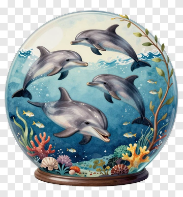 Cartoon Dolphins Swimming In A Colorful Ocean PNG