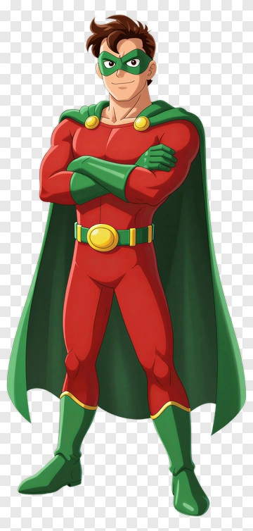 Superhero In Red Costume With Green Cape PNG