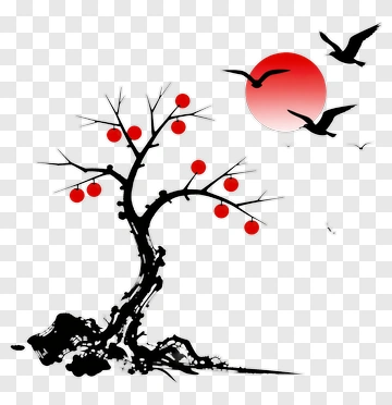Silhouette Tree With Red Oranges And Rising Sun PNG