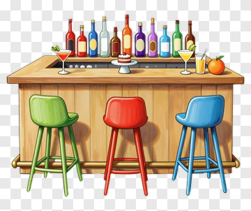 Colorful Bar With Drinks And Stools PNG