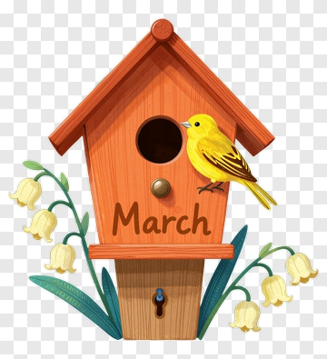 Yellow Bird Perched On A March Birdhouse PNG