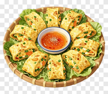 Plate Of Colorful Spring Rolls With Dipping Sauce PNG