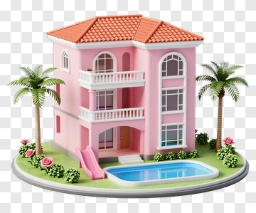 Pink House With Pool And Palm Trees PNG