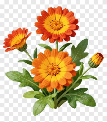Colorful Orange Flowers With Green Leaves PNG